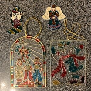 2 Vintage Stained Glass Ornaments + 2 Vintage Novelty Plastic Stained Glass
